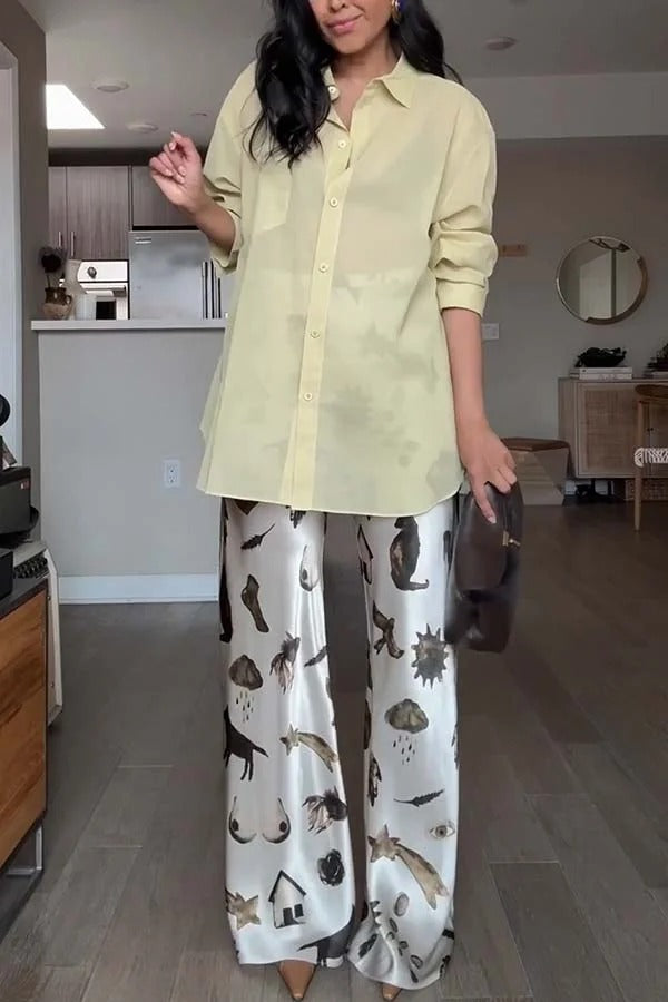 Pantalon large à taille élastique et imprimé unique en satin The Finishing Touch