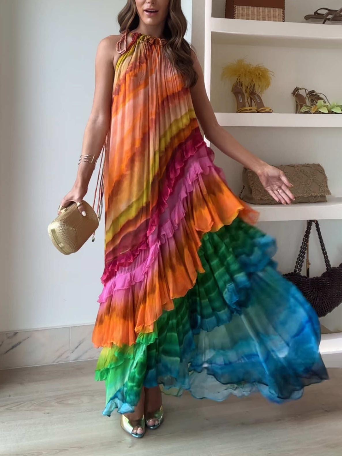 Robe longue à volants et imprimé coloré unique