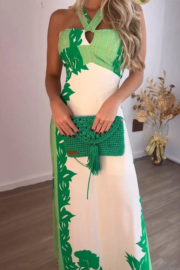 Halter Neck Hollow Casual Printed Dress