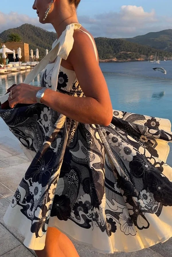 Unique Print Square Neck Spaghetti Strap Tie Full Hem Mini Dress