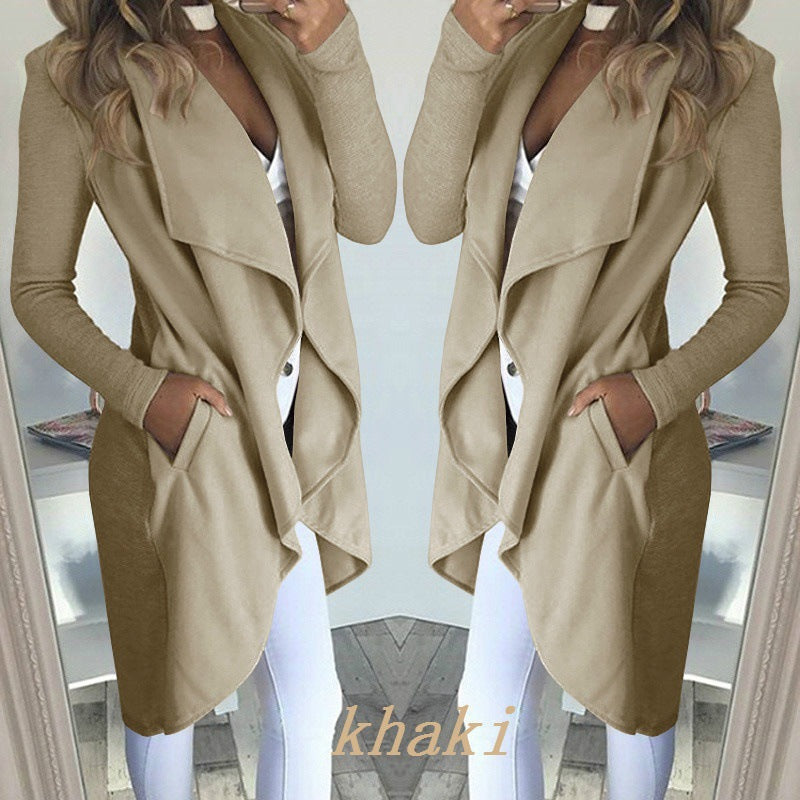 Fashion Solid Color Lapel Slim Long Windbreaker Jacket Khaki
