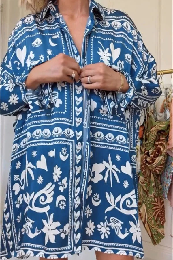 Zenya Satin Unique Print Button Up Long Sleeve Pocket Loose Mini Shirt Dress