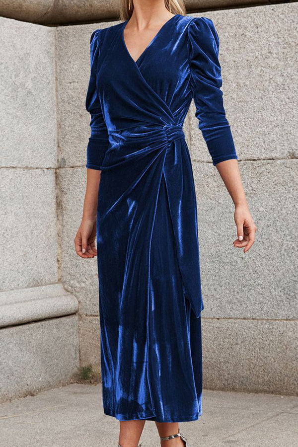 New autumn and winter velvet chiffon strappy dress Blue