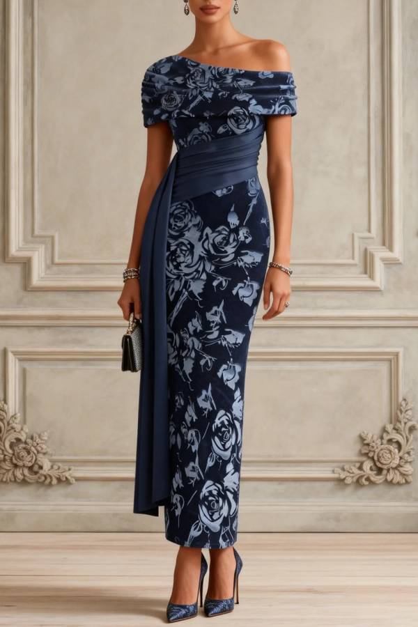 Blue Floral Split Joint Ruched Velvet One Shoulder Short Sleeve Bodycon Maxi Dress