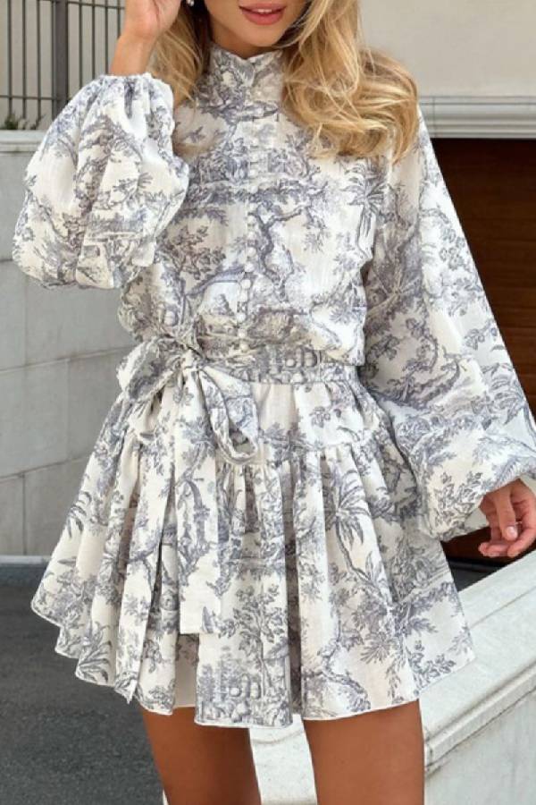 Seaside Print Puff Sleeve Mini Dress Grey