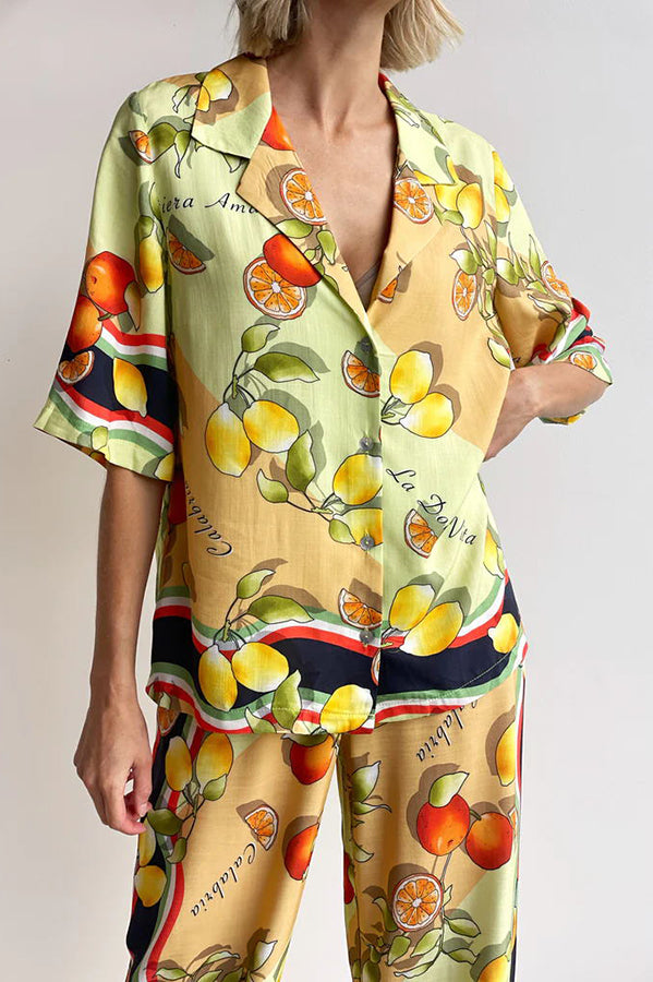 Fruity Citrus Linen Blend Printed Button Down Vacation Blouse Yellow
