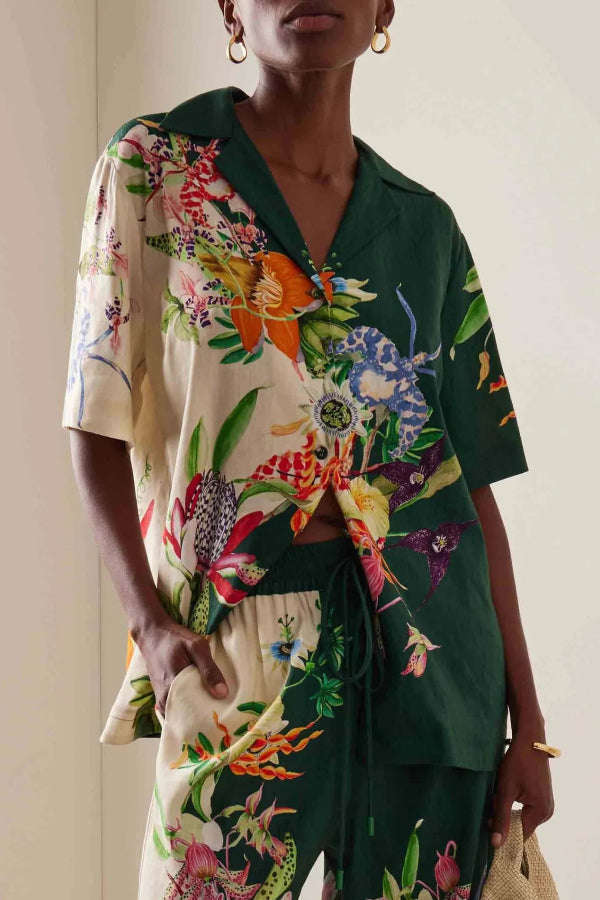 Unique Positioning Vintage Print Loose Shirt Green