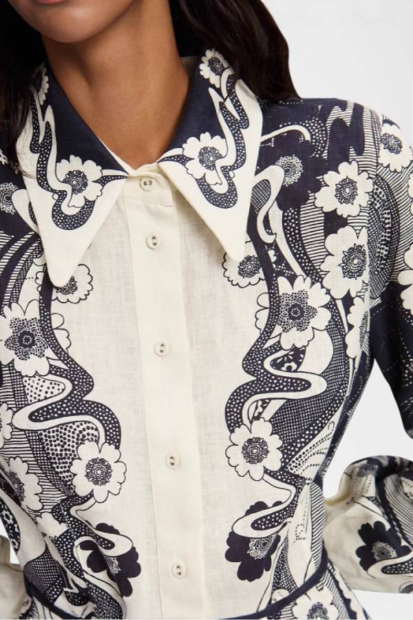 Black & White Floral Print Shirt Dress Puff Sleeve Waist Tie Maxi Dress