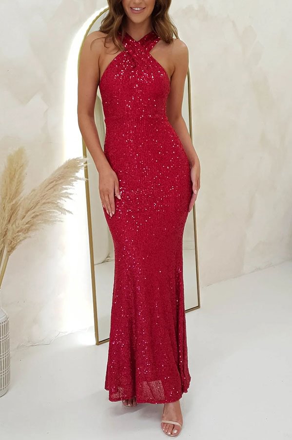 Time To Sparkle Sequin Cross Halter Neck Backless Maxi Dress Red