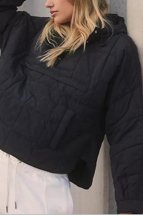 Solid Color Hooded Padded Foldable Padded Pullover Pocket Long Sleeve Jacket Black