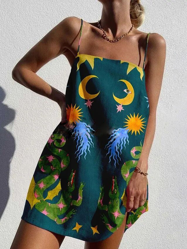 Einzigartiges bedrucktes rückenfreies Minikleid mit Spaghettiträgern