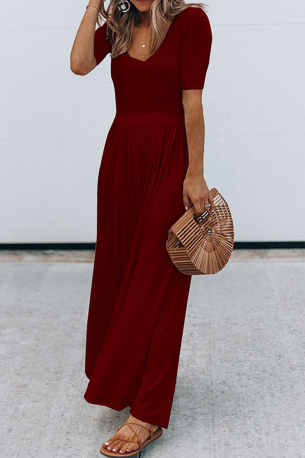 Round Neck Short Sleeve Long Jumpsuit Red