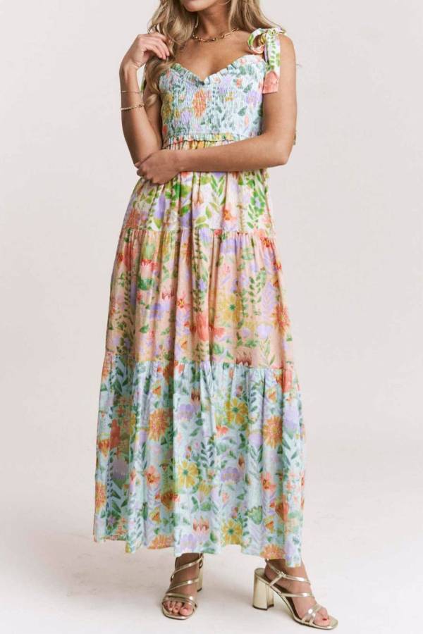 Fresh Floral Shirred Tie-Strap Maxi Dress for Beach Vacation & Garden Parties