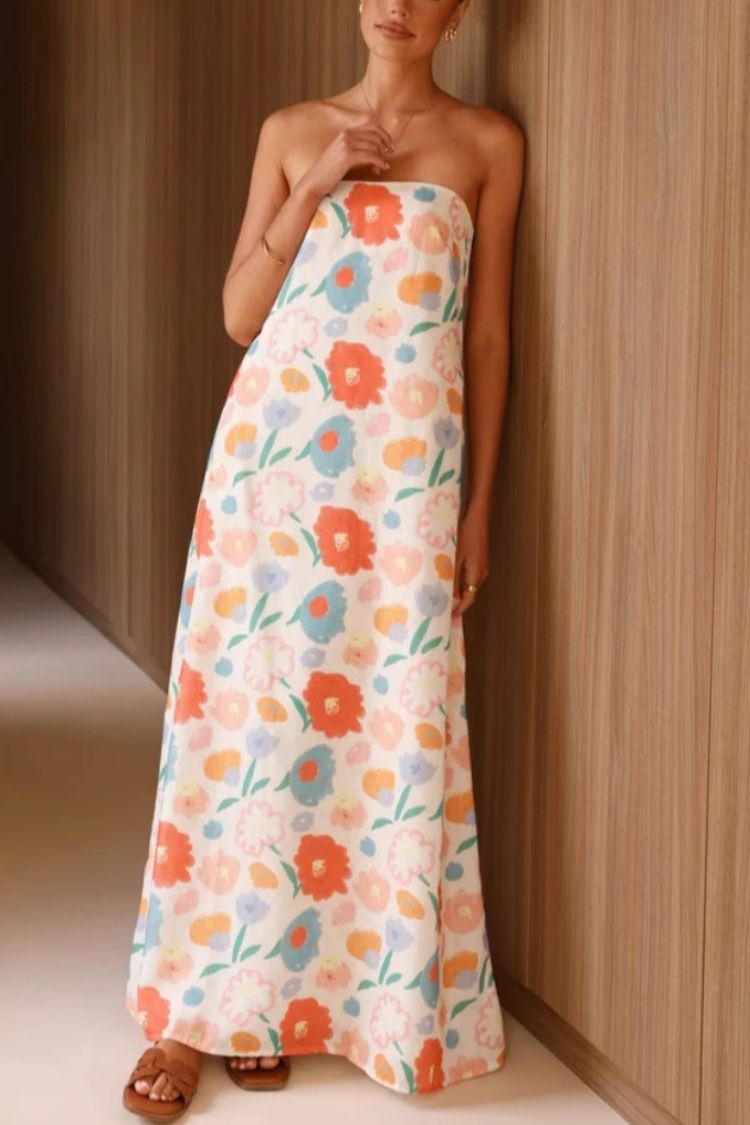 Digital Printed Tube Top A-Line Long Dress Multicolor