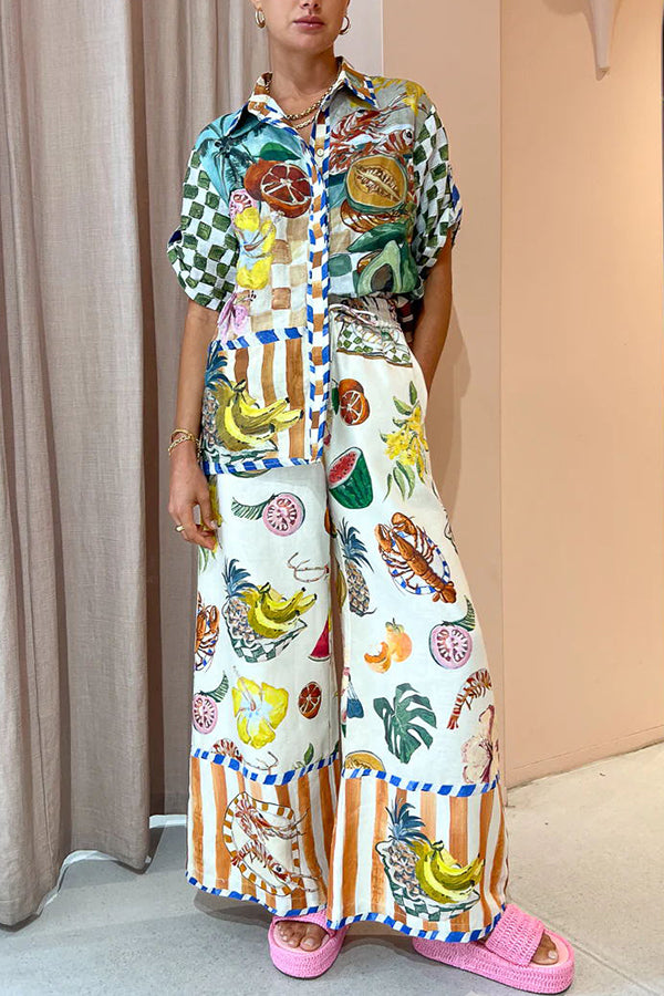 Perfect Day Linen Blend Tropical Fruit Print Elastic Waist Pocketed Wide Leg Pants Multicolor