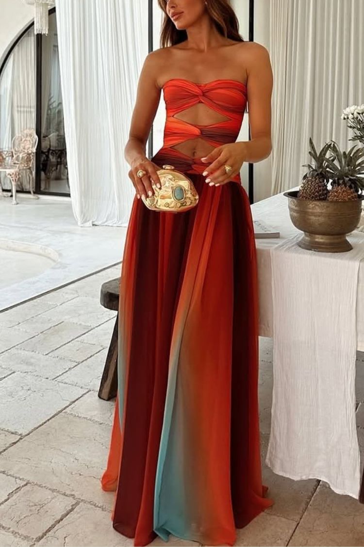 Sardinia Sunset Mesh Printed Twist Cutout Off Shoulder Vacation Maxi Dress Orange