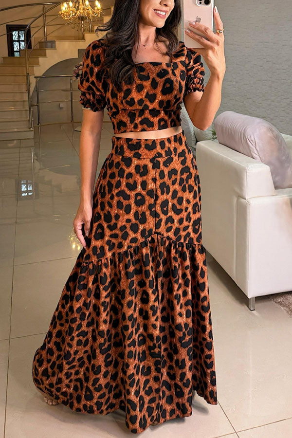 Lillah Unique Print Puff Sleeve Smocked Top and Elastic Waist Maxi Skirt Set Brown