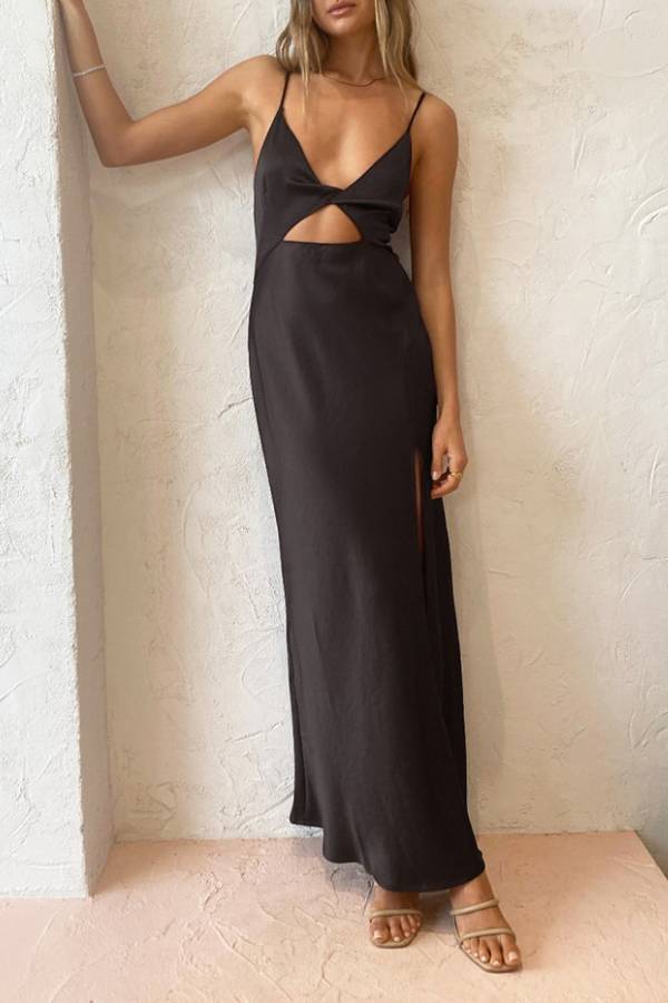 Thin Strap Twist Cutout Backless High Slit Maxi Dress