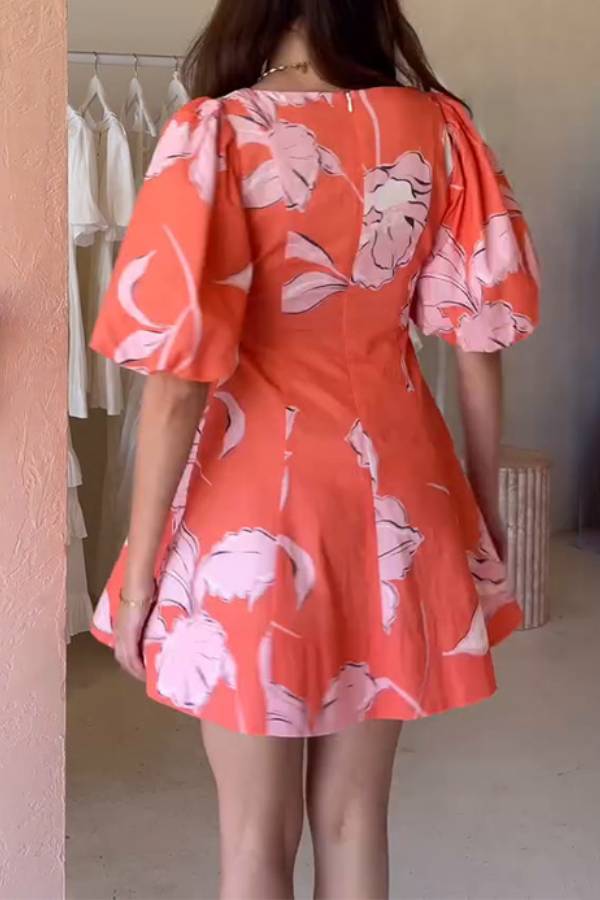 Square Neck Puff Sleeve Floral Print Waist-Cinched Flare Mini Dress
