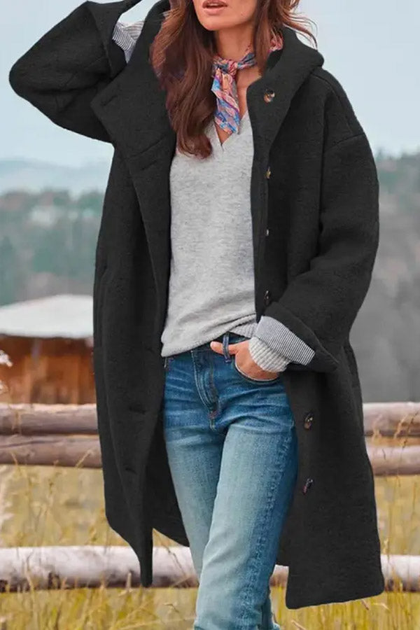 Casual Loose Solid Color Hooded Single-breasted Woolen Coat Black