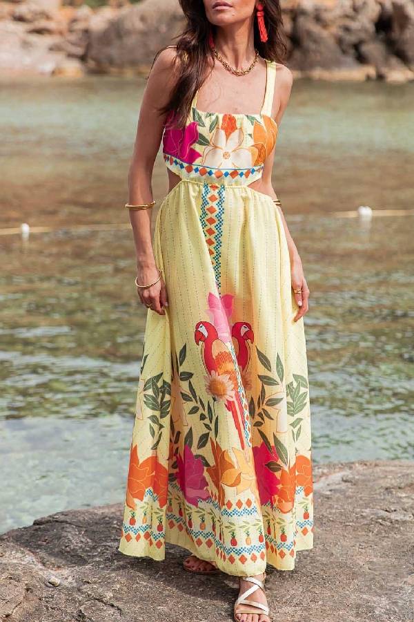 Women's waist-baring long skirt with tie Yellow