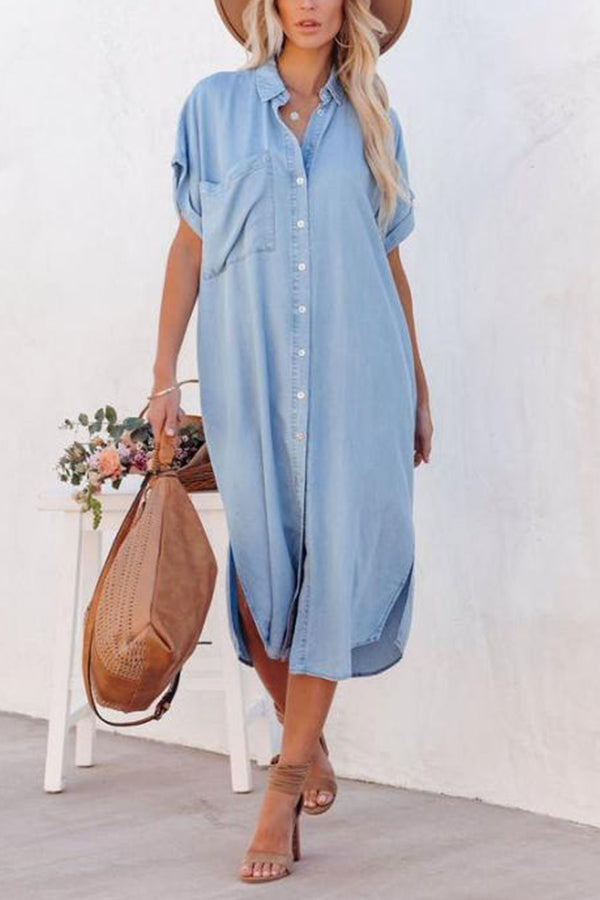 Fashion Solid Color Denim Short Sleeve Long Slit Shirt Dress Blue