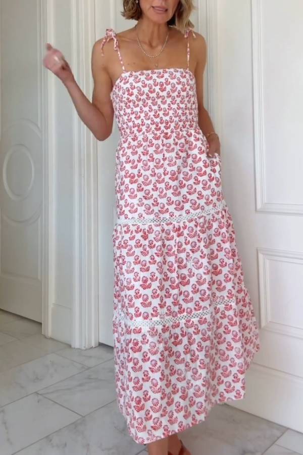 Red Floral Print Tie-Strap Lace Tiered Midi Dress