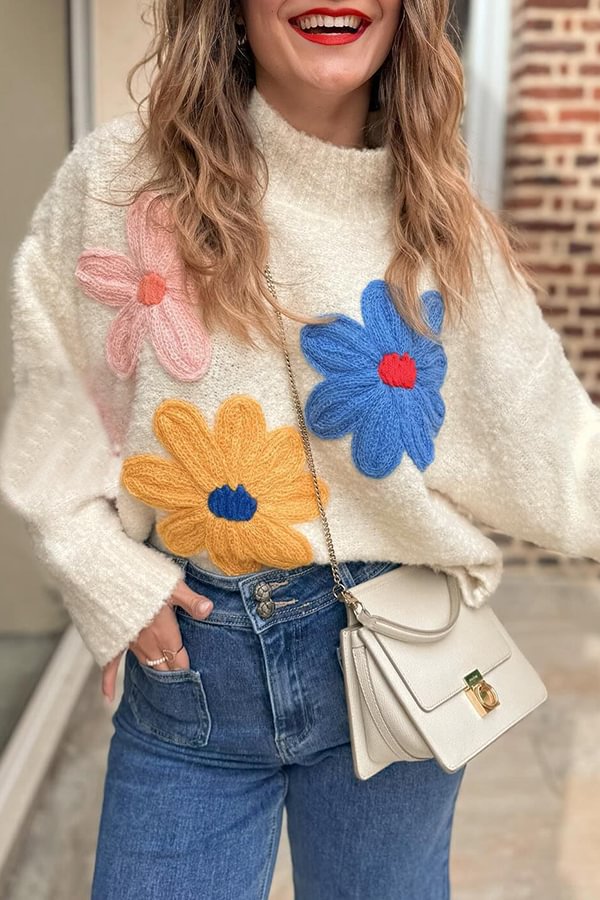 Sun Kissed Knit Colorful Floral Turtleneck Pullover Sweater White ONE-SIZE