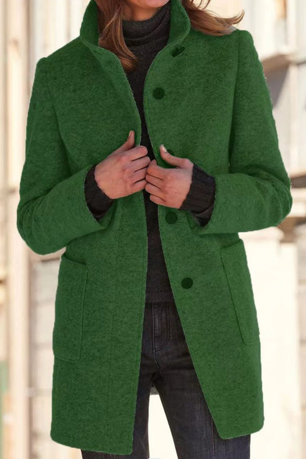 Retro Solid Color Button Stand Collar Wool Jacket Green