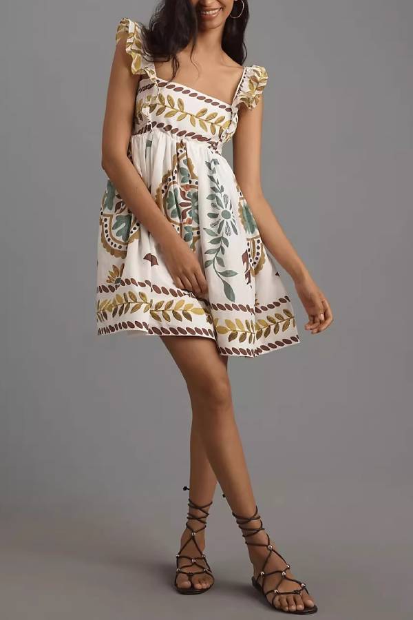 Vintage Botanical Print Ruffle Strap Mini Dress
