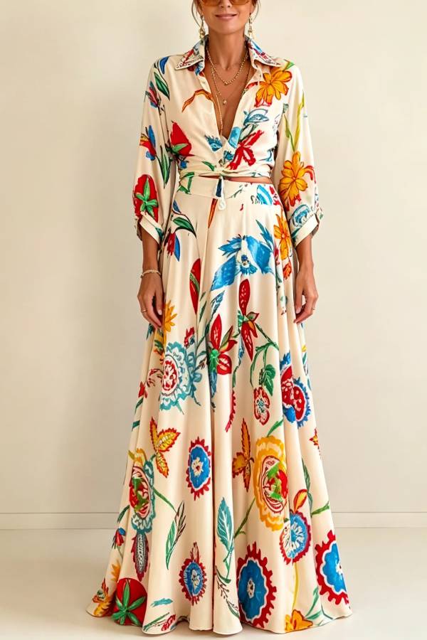 Vacation Tropical Floral Print Waist Tie Shirt & Maxi Skirt Boho Two Piece Set