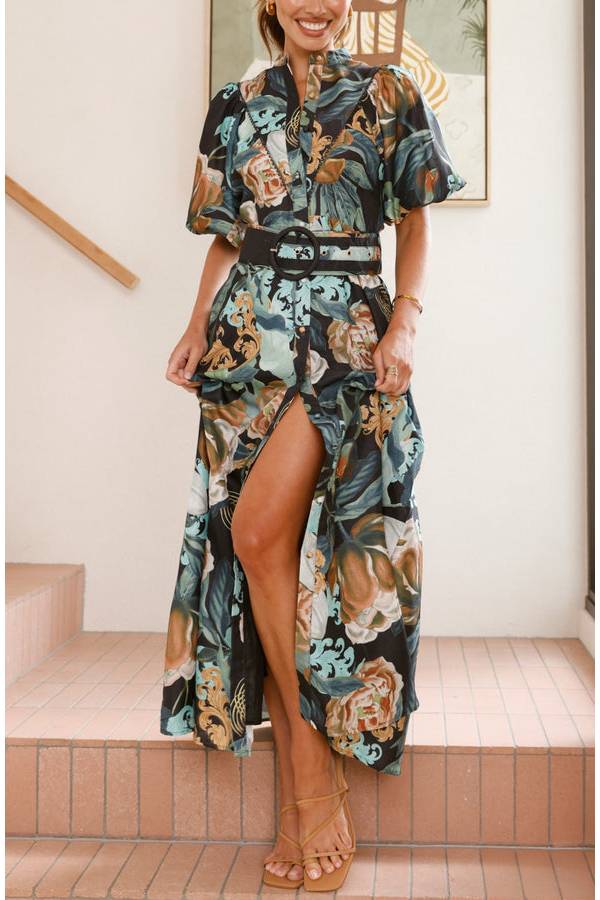 Floral Print Long Sleeve Dress Black