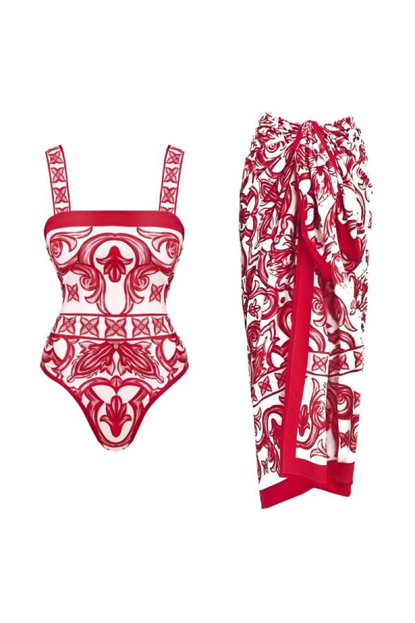 Red & White Majolica Print Halter Swimsuit with Matching Sarong Set