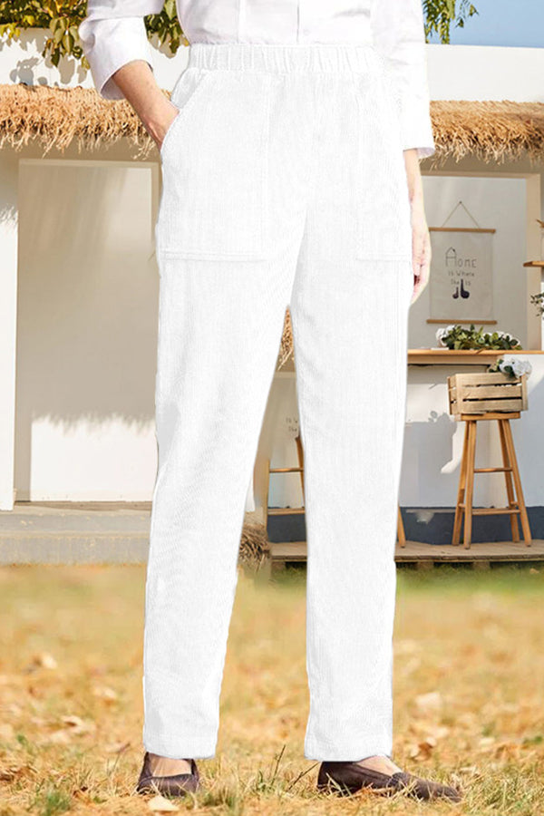 Solid color elastic waist striped straight casual pants White