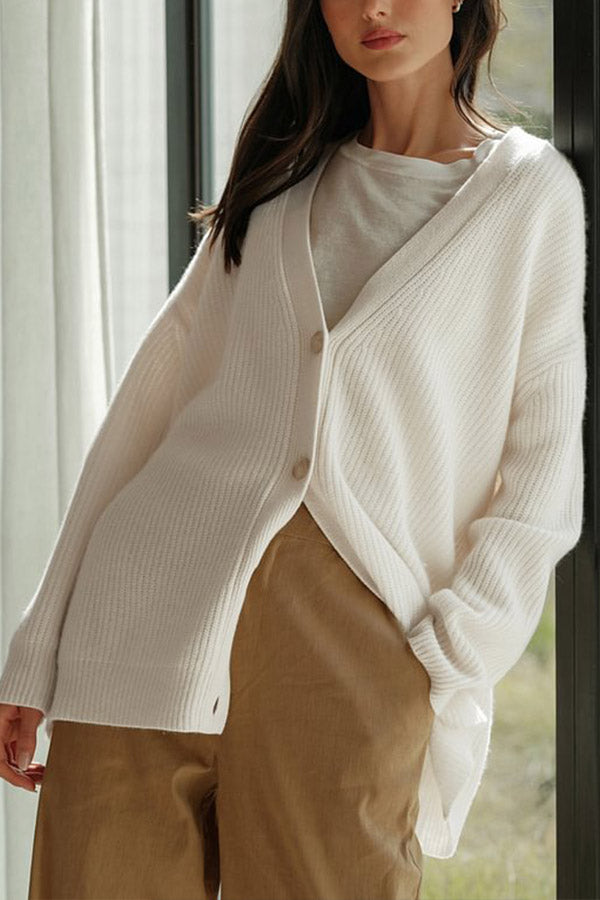 Mountain View Knit Ribbed Button Relaxed Cardigan Ivory