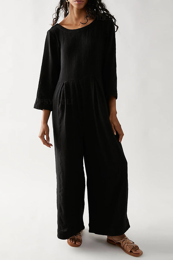 Multicolor loose round neck casual wide leg jumpsuit Black