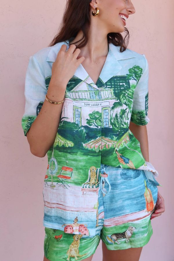 Pool Parties Linen Blend Unique Print Short Sleeve Shirt and Elastic Waist Pocket Shorts Set