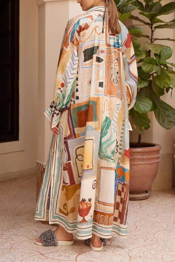 Abstract Art Print Loose Long Shirt Dress