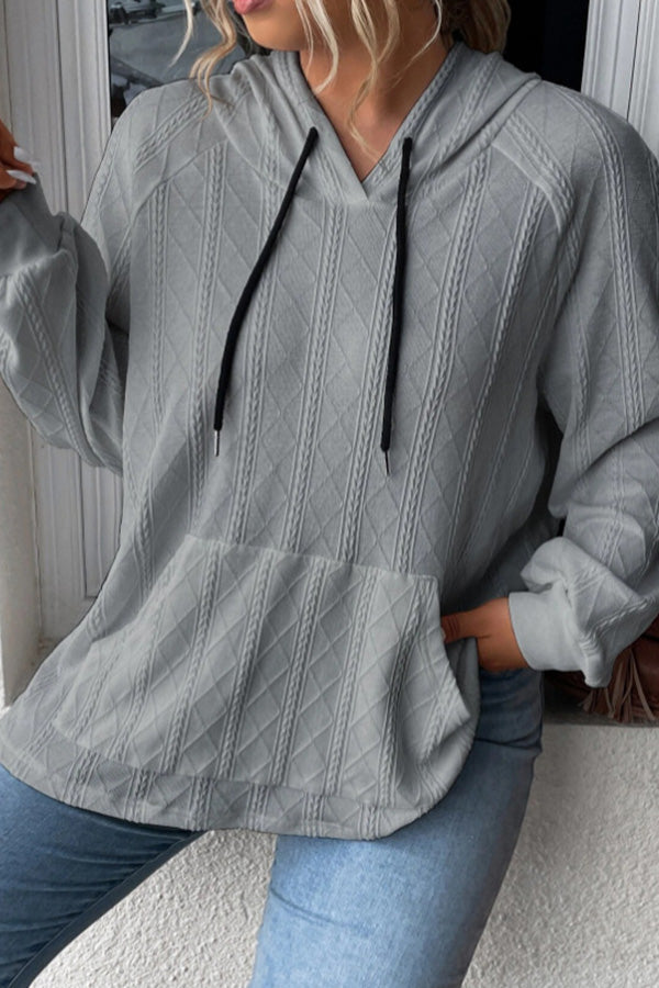 Casual Jacquard Patch Pocket Oversized Loose Hooded Sweatshirt Grey