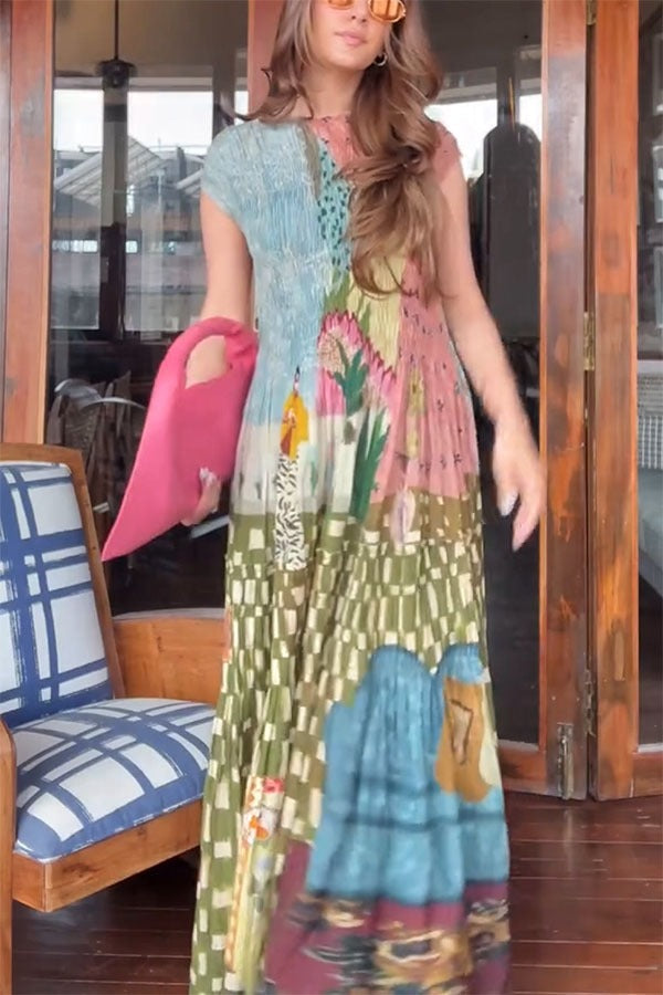 Relaxed and Playful Unique Print Smocked Short Sleeve Flare Maxi Dress
