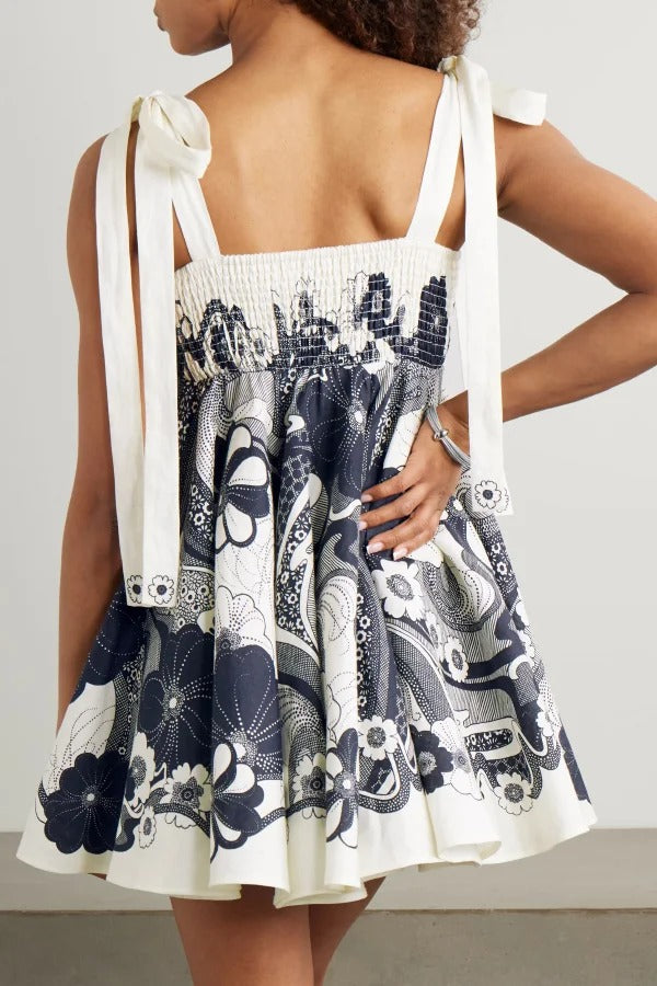Unique Print Square Neck Spaghetti Strap Tie Full Hem Mini Dress