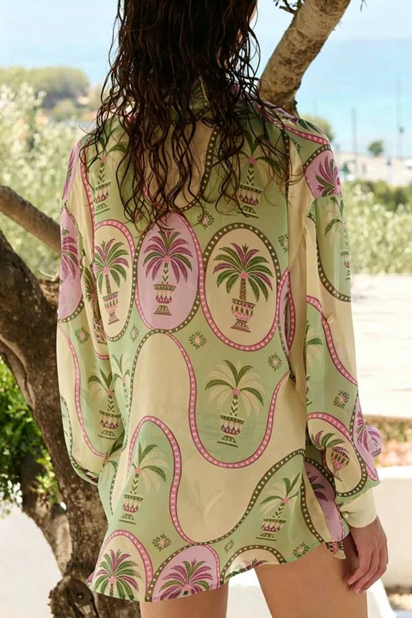Tropical Style Linen Blend Unique Print Long Sleeve Shirt and Elastic Waist Pocket Shorts Set