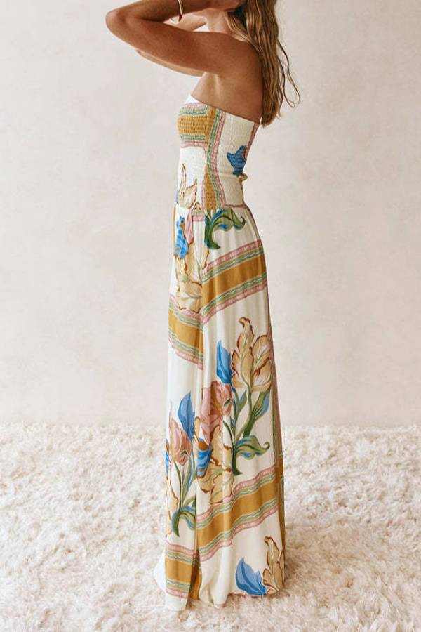 Vintage Floral Print Strapless Maxi Dress