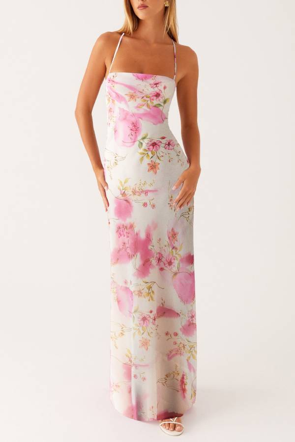 Watercolor Floral Spaghetti Strap Waist-Cinched Maxi Dress