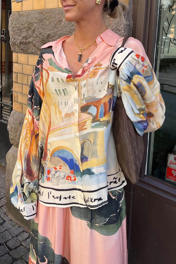 Ellison Unique Print Button Up Long Balloon Sleeve Loose Blouse Pink