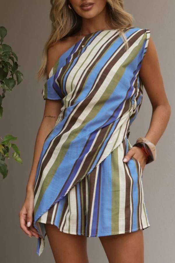 Waist-Cinching Asymmetrical Loose Shorts Set