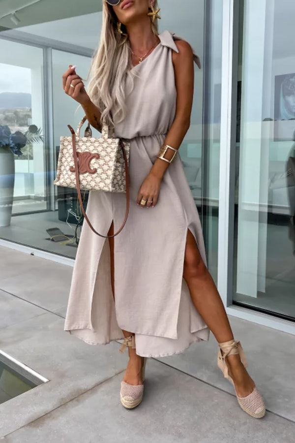 Bayside Beauty One Shoulder Slit Relaxed Midi Dress Beige