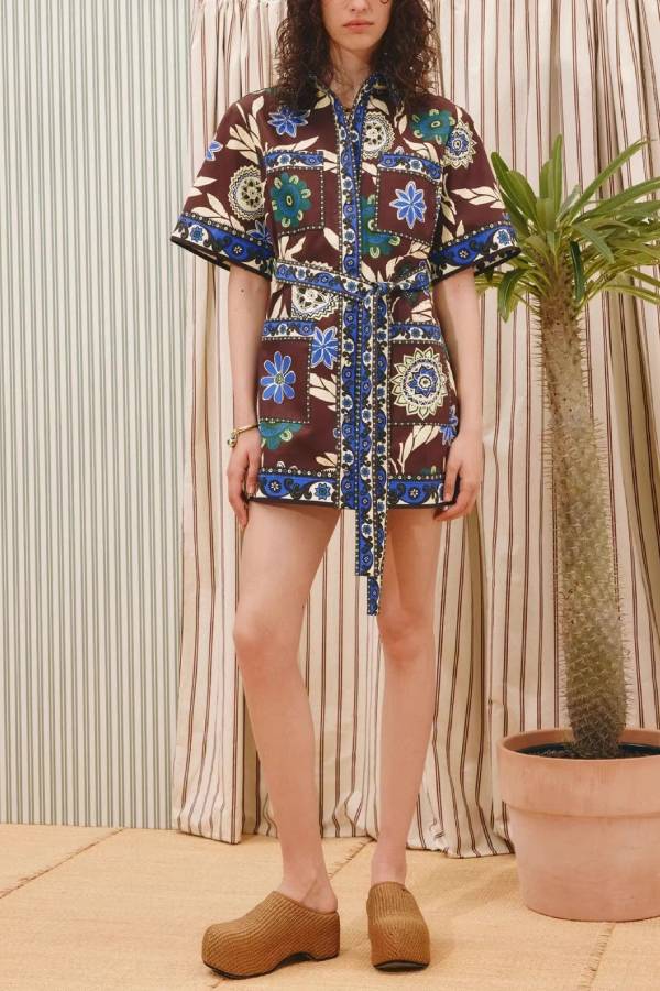 Vintage Bohemian Printed Belted Shirt Mini Dress