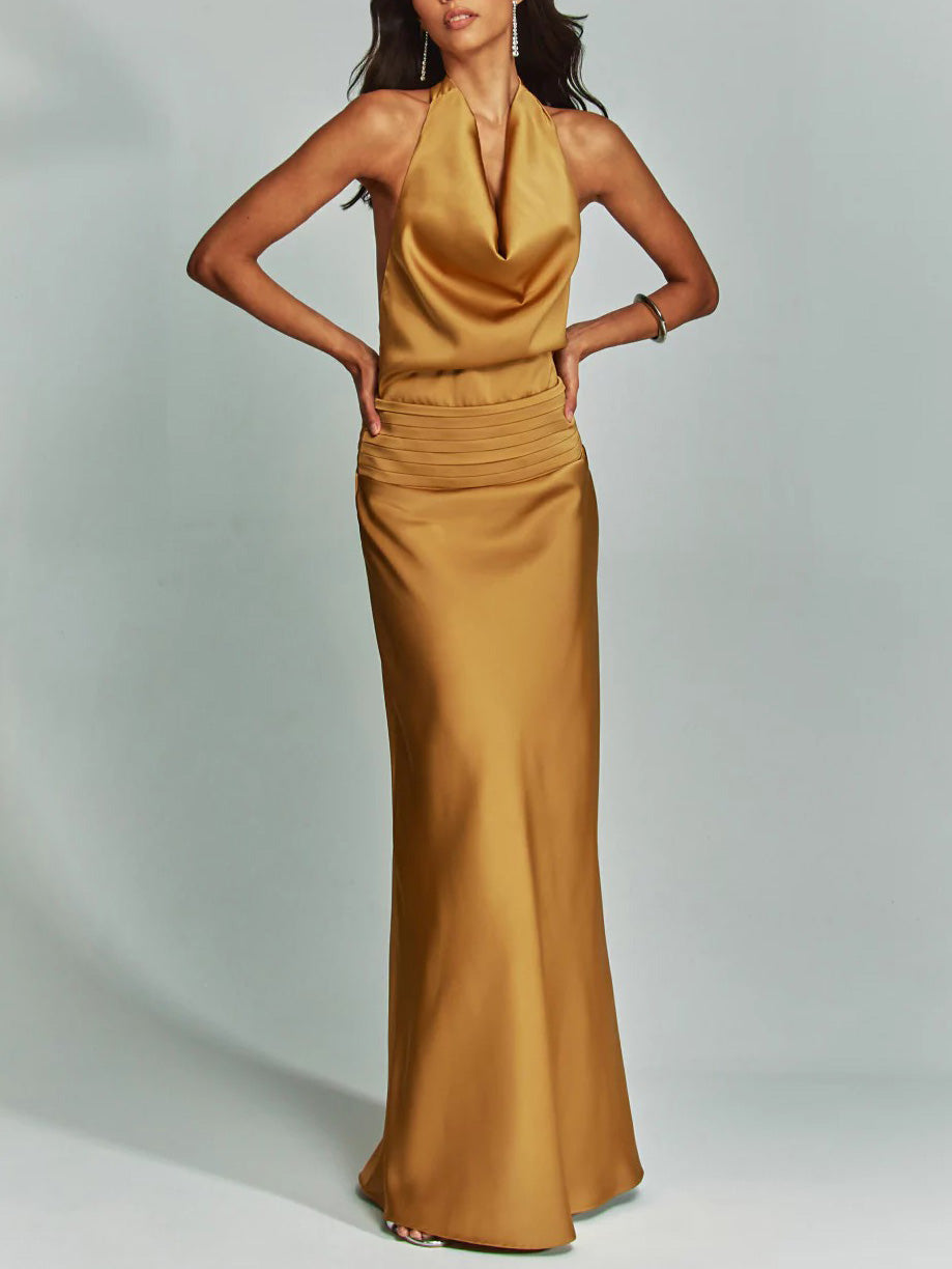 Elegant Chic Halter Neck Satin Party Maxi Dress