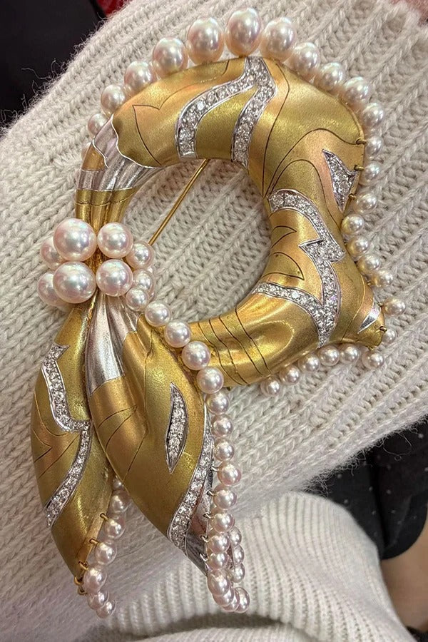 Vintage Silk Scarf and Shell Pearl Brooch